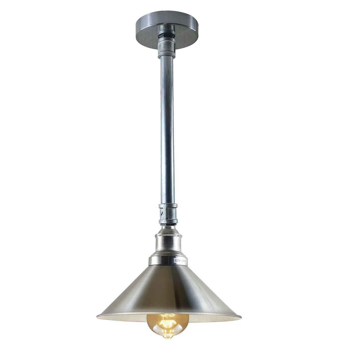 Retro pendant lamp, galvanized metal frame with white interior shade, 45 cm height, 22 cm diameter, industrial style.
