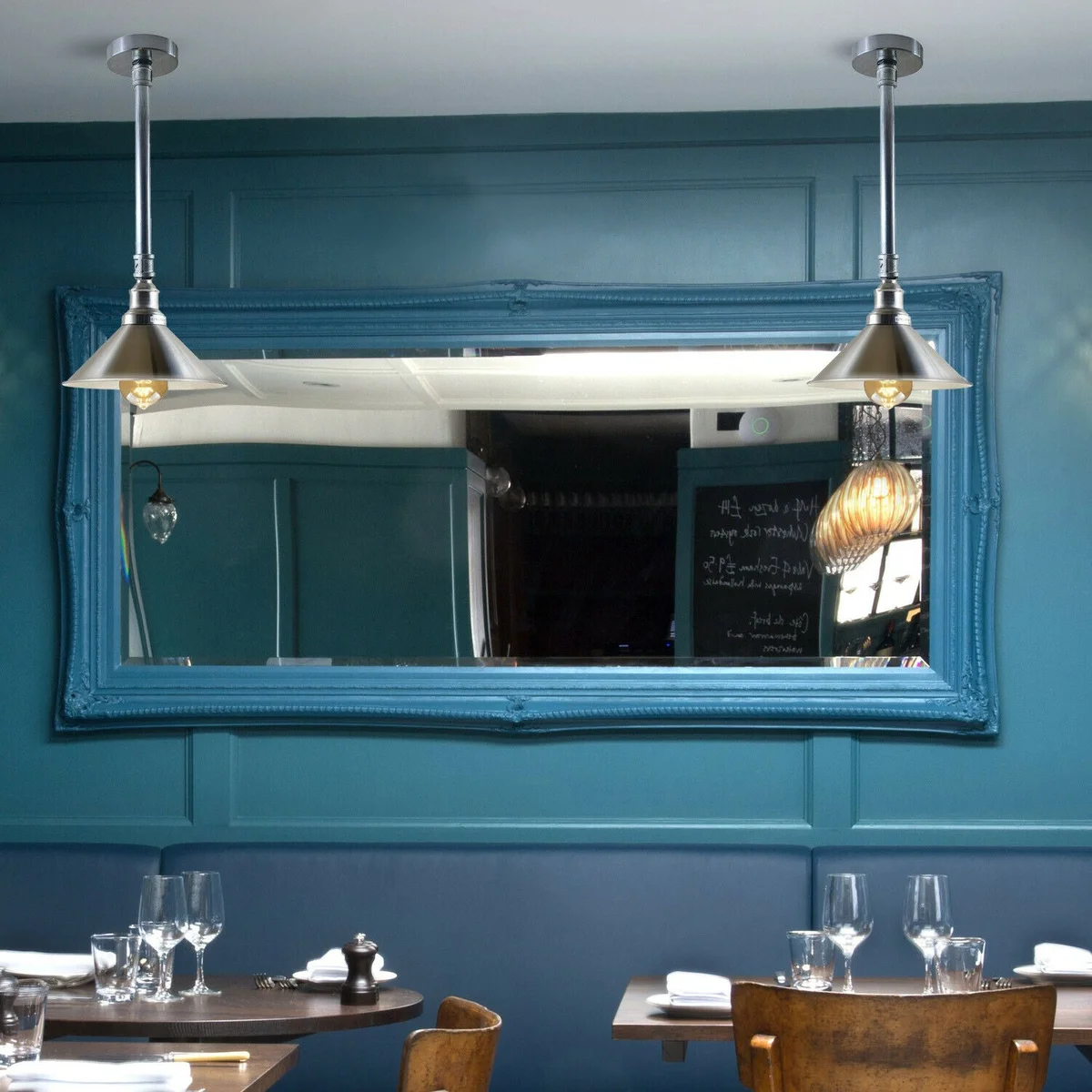 Galvanized industrial metal pendant lamp with 45 cm iron pipe, 22 cm white shade, satin nickel base, modern industrial look.