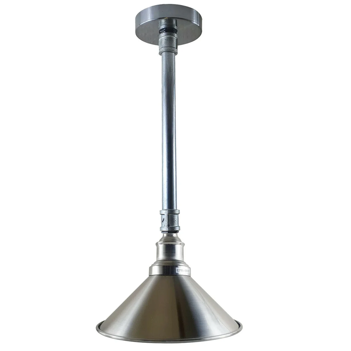 vintage ceiling light hung 45 cm tall with galvanized metal pipe frame, white interior hood and 22 cm shade