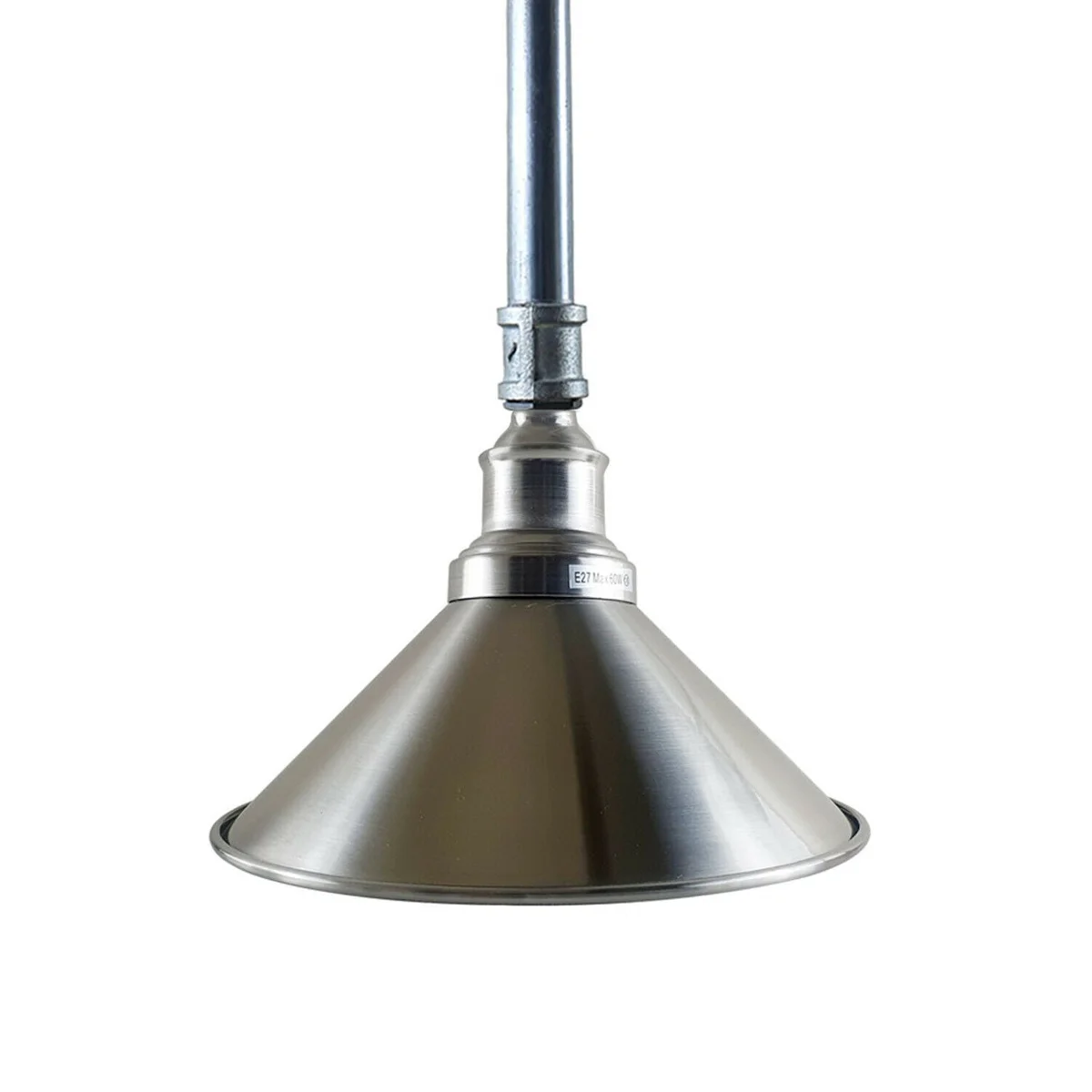 Modern industrial ceiling pendant light with galvanized metal pipe and white hood, 45 cm long, 22 cm diameter