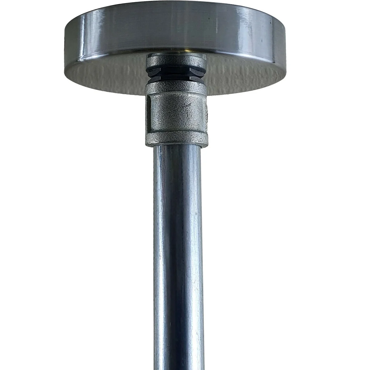 Galvanized industrial ceiling pendant light with white inner hood, 22cm metal shade, 45cm tall, mounted on ceiling.