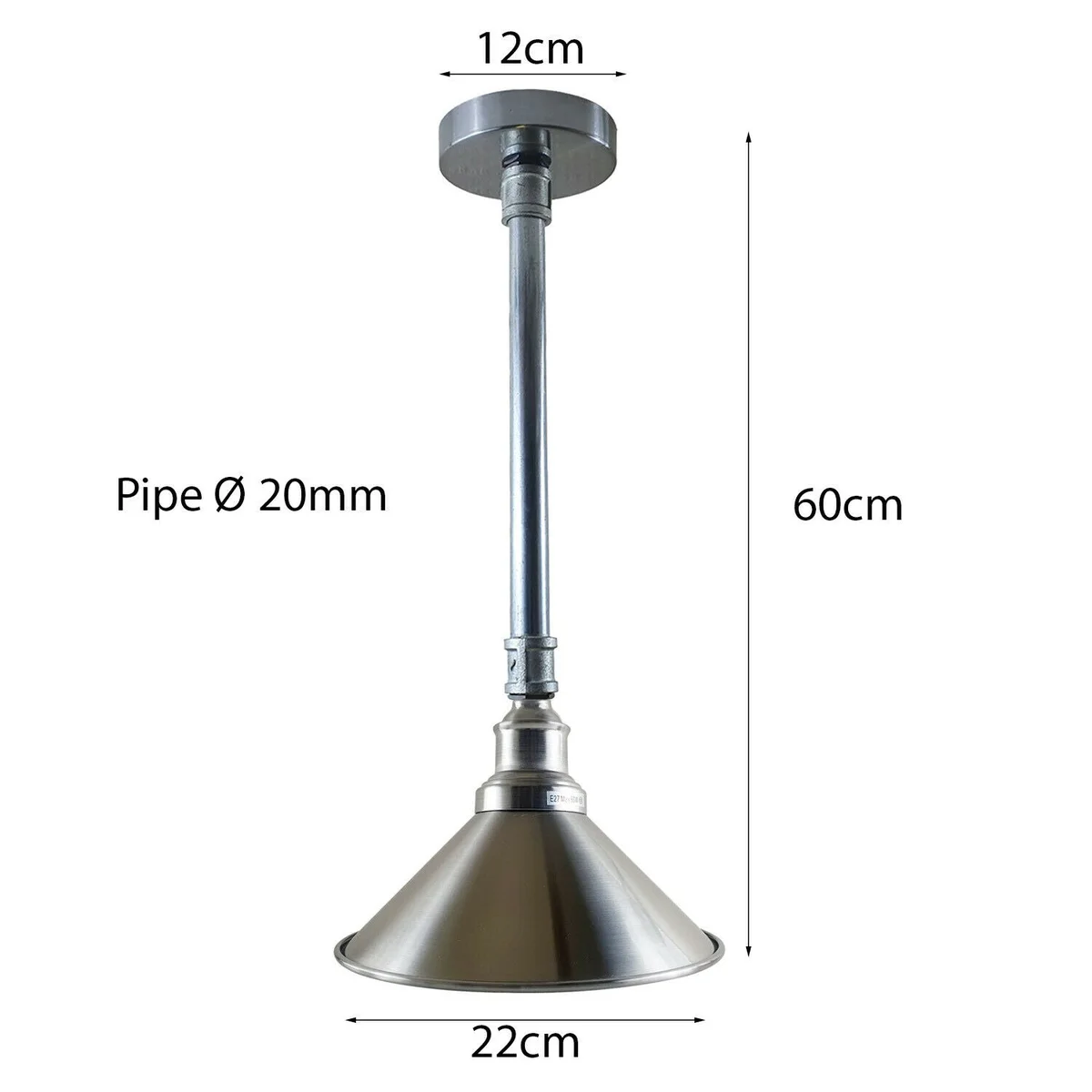 Galvanized metal industrial ceiling pendant light hanging from single E27 socket with white interior shade.