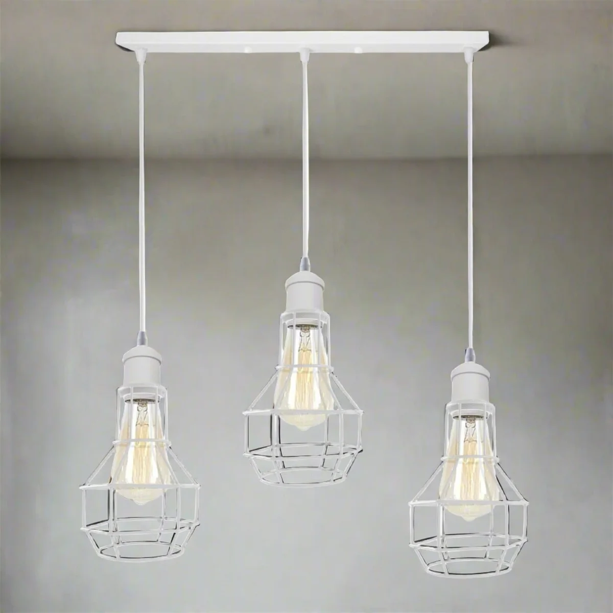 Modern loft vintage industrial wire cage pendant light hanging from ceiling, white metal and PVC construction with 95cm cable