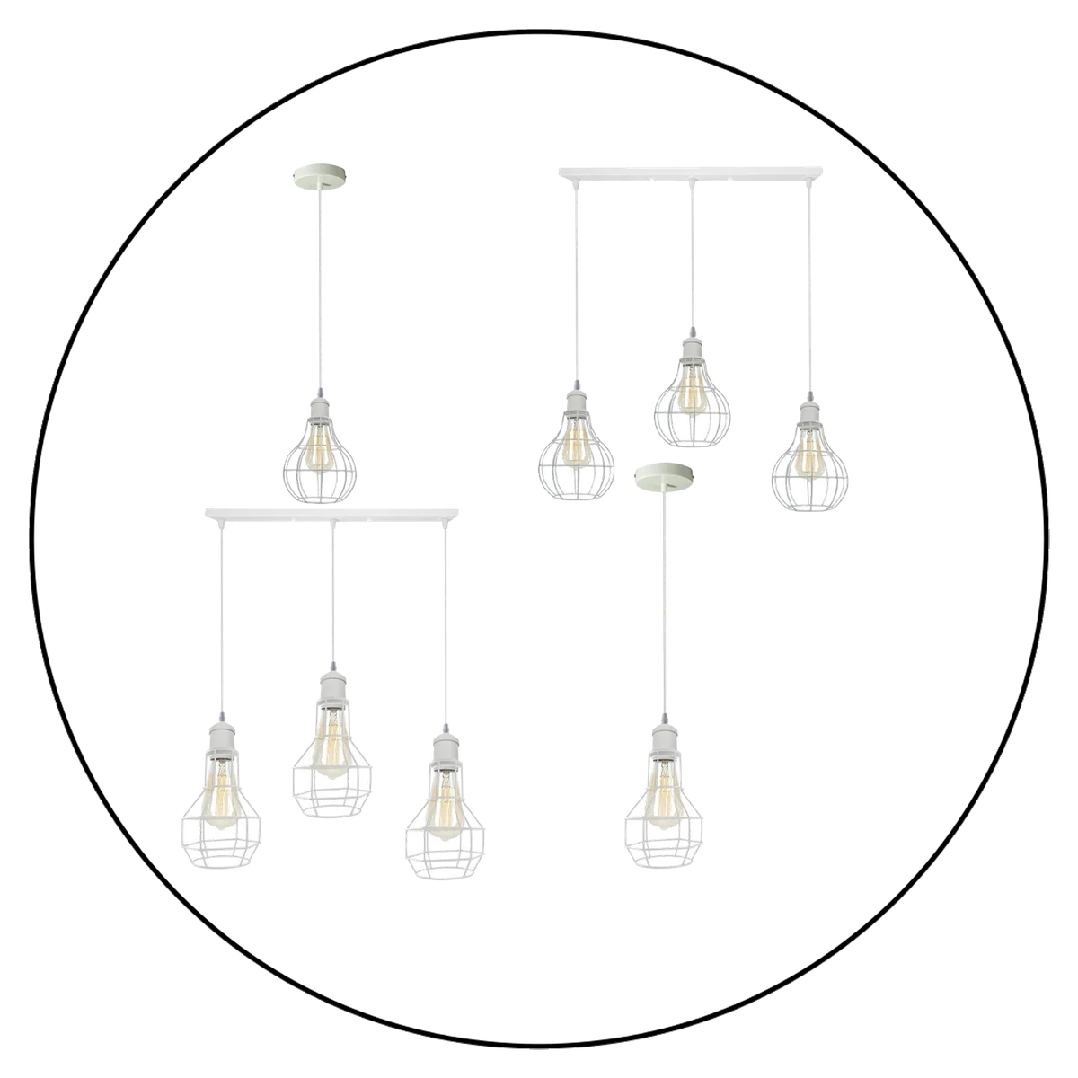 Vintage ceiling light made of white metal and PVC wire cage, with E27 base and 95cm cable, hanging in industrial loft style