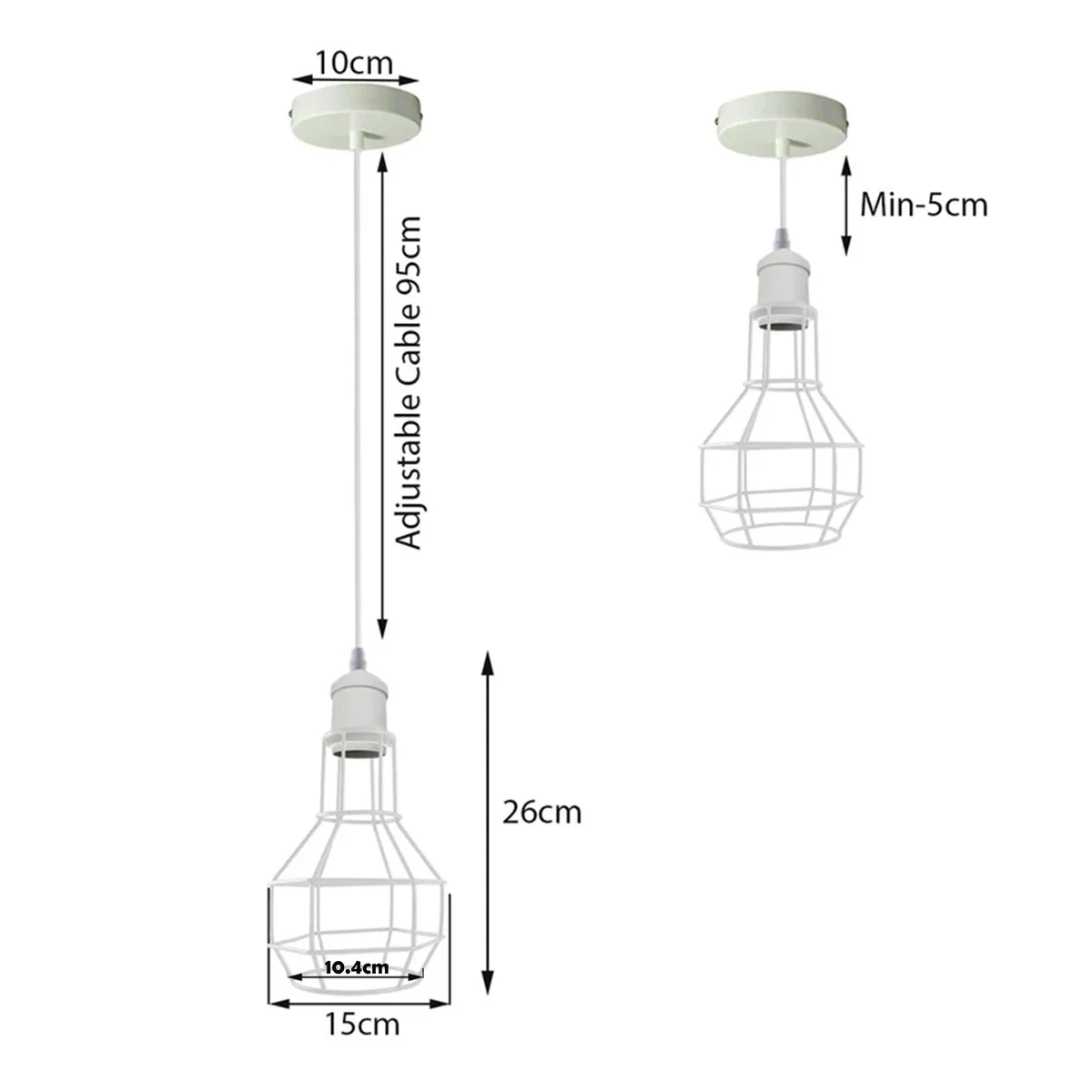 White metal wire cage pendant lamp hanging from ceiling, featuring PVC cable and E27 base, example of modern loft lighting.