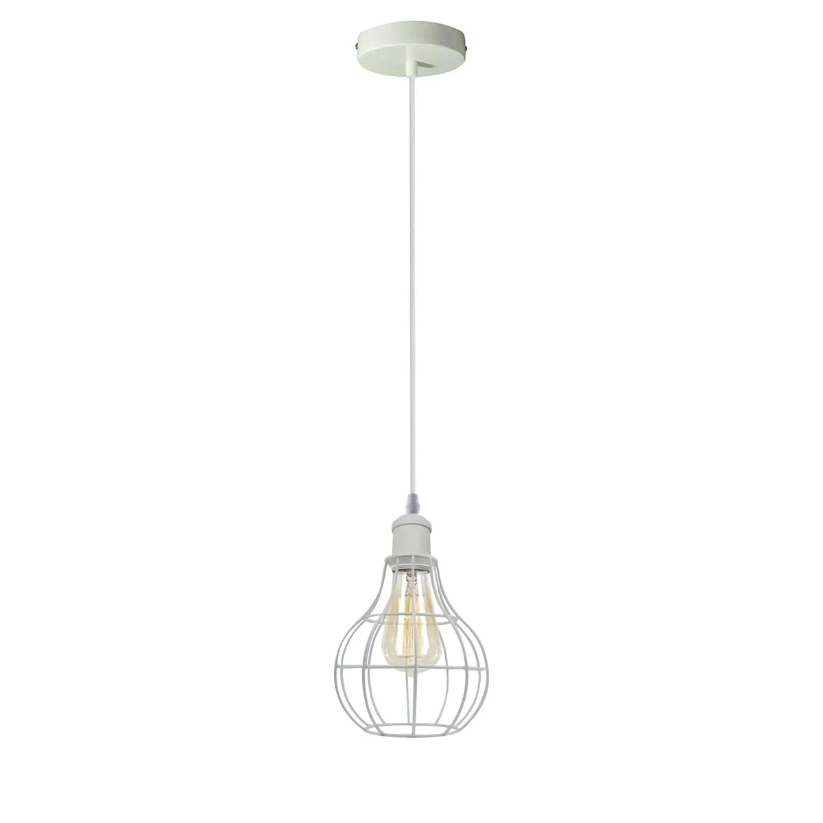 White metal cage light with PVC wire cable, 95 cm length, E27 base, hanging as pendant.