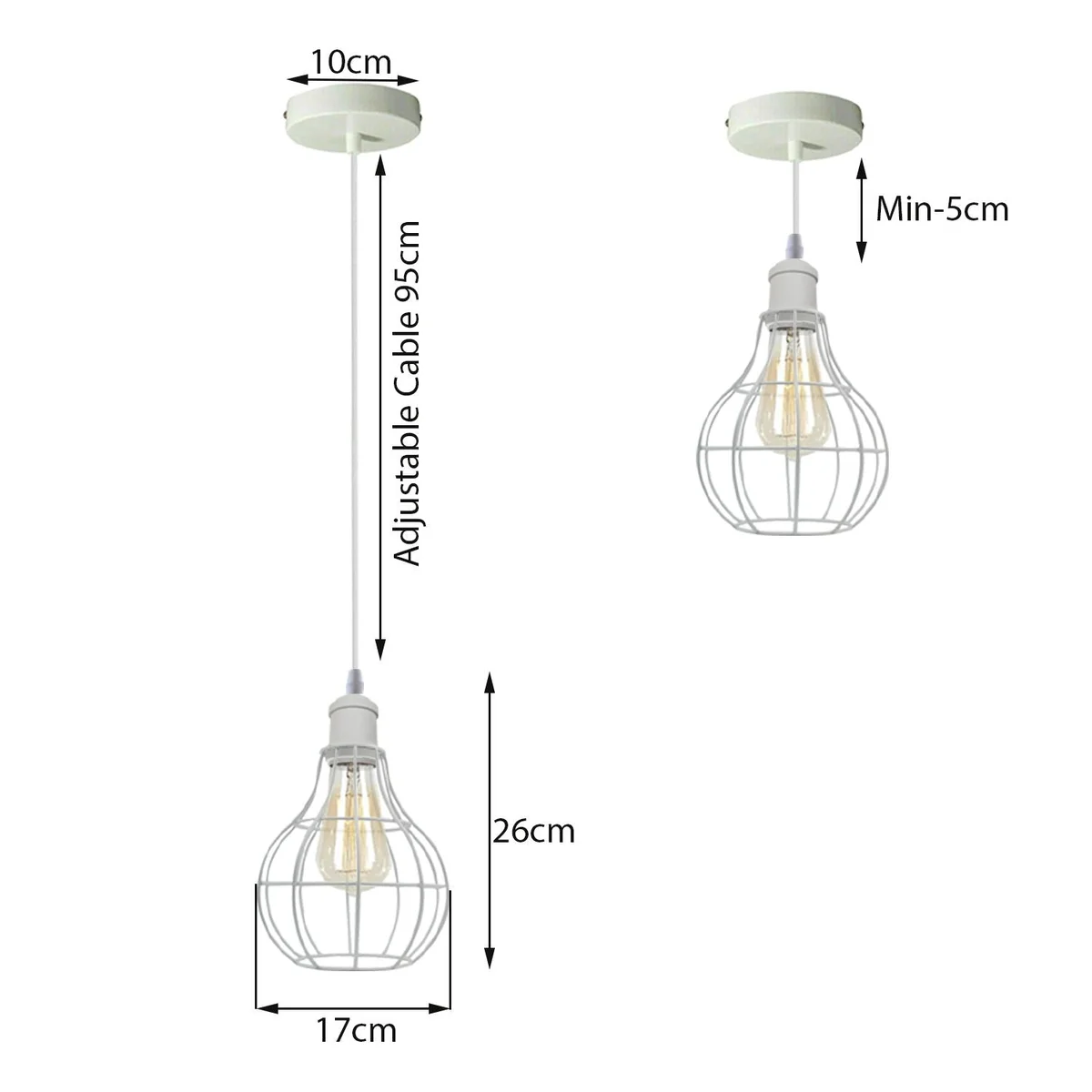 Modern loft vintage wire cage pendant light in white with metal and PVC cage, 95cm cable hanging from ceiling.