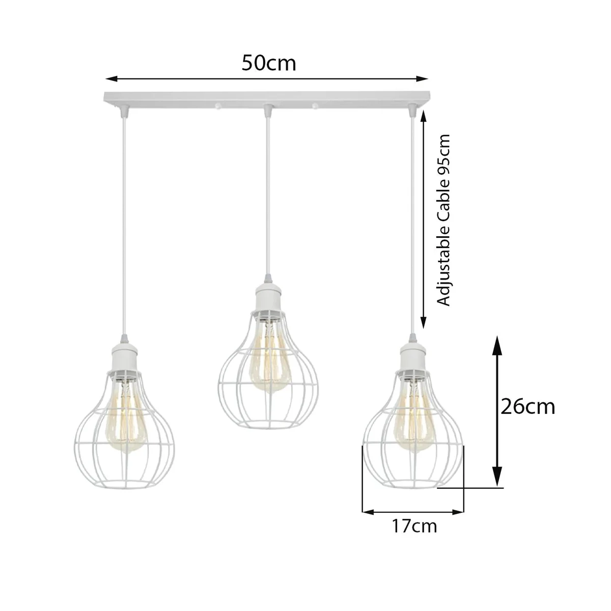 White metal wire cage pendant light suspended from a 95cm cable, showcasing its industrial retro design.