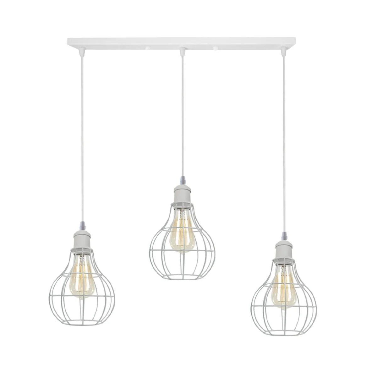 White metal and PVC wire cage pendant light with 95cm cable, hanging from a 50cm ceiling plate, industrial style.