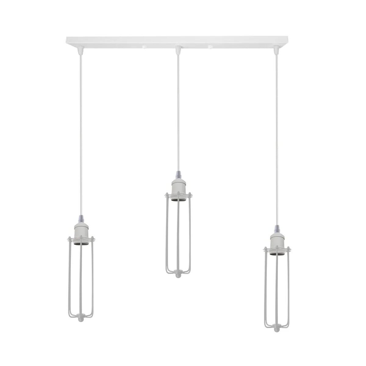White industrial pendant light with metal and PVC wire cage and three E27 holders, 3 white rectangular shades, 95cm cable