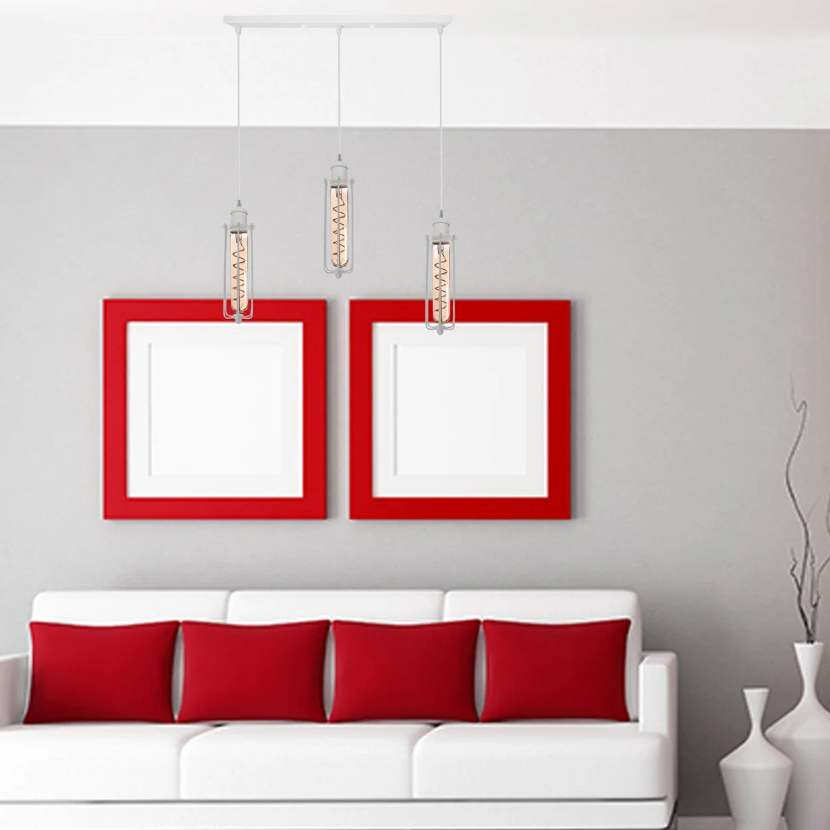 White wire cage pendant lamp with three metal shades, 22cm diameter, 95cm cable, E27 sockets, classic retro ceiling light.