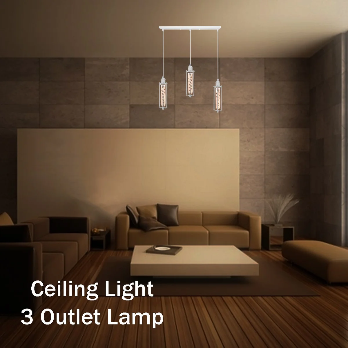 3 head ceiling light with white metal and PVC wire shades, hanging from a ceiling plate, 95cm cable