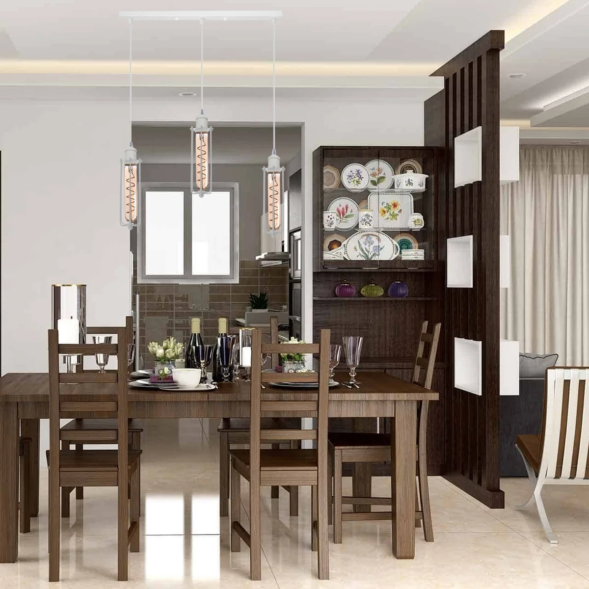 Industrial pendant light in white with metal wire cage and three PVC shades hanging 95cm from ceiling