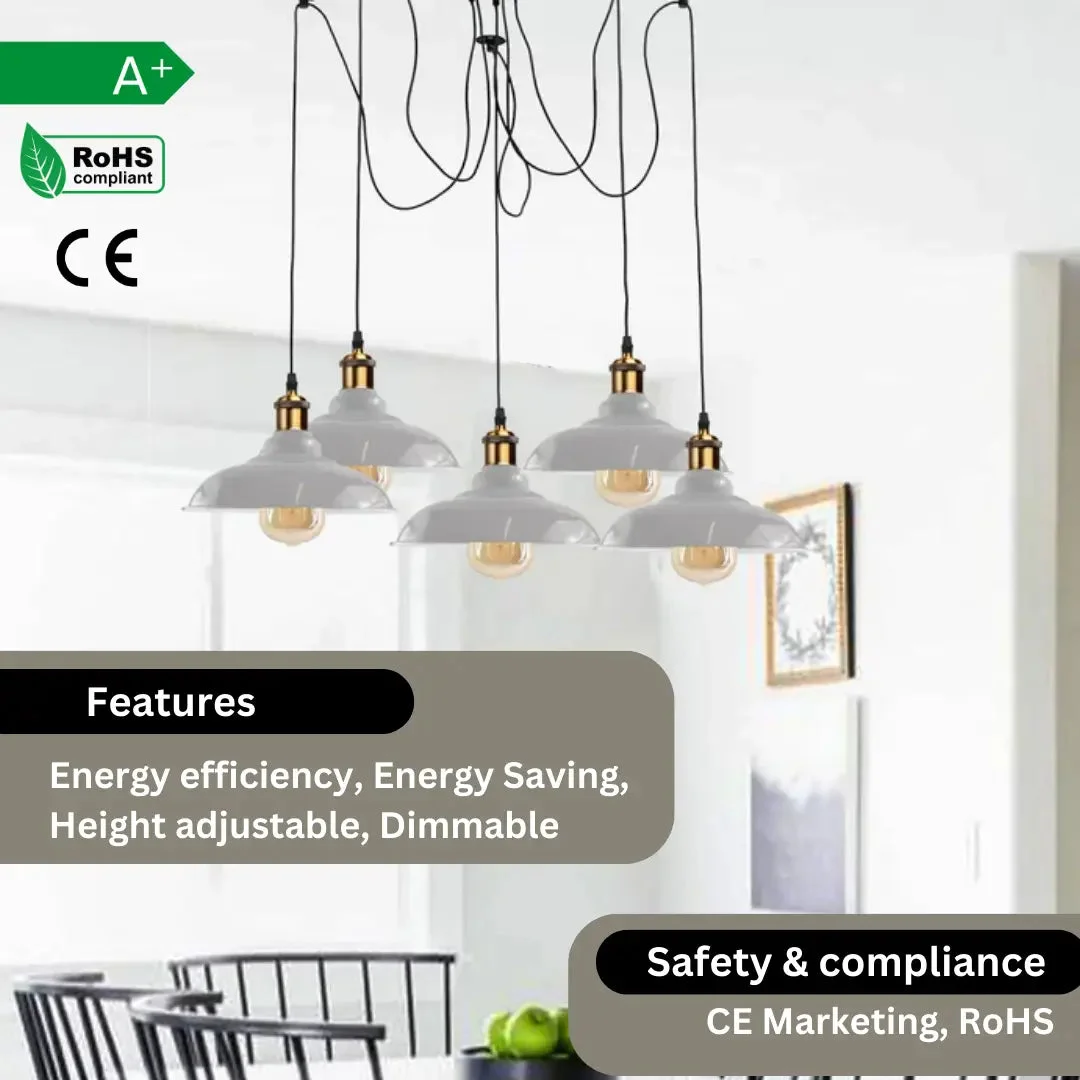 5 light ceiling light with glossy black metal shades, adjustable cables, hanging from a ceiling to illuminate a dining area.