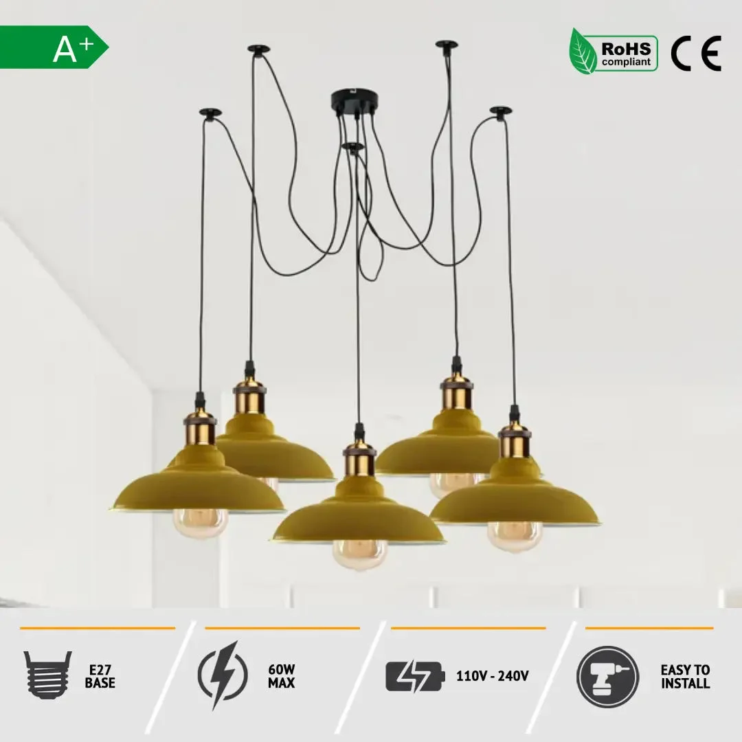 5‑light industrial spider pendant featuring glossy black metal shades, adjustable 2‑m cables, and E27 bulb pendant holders