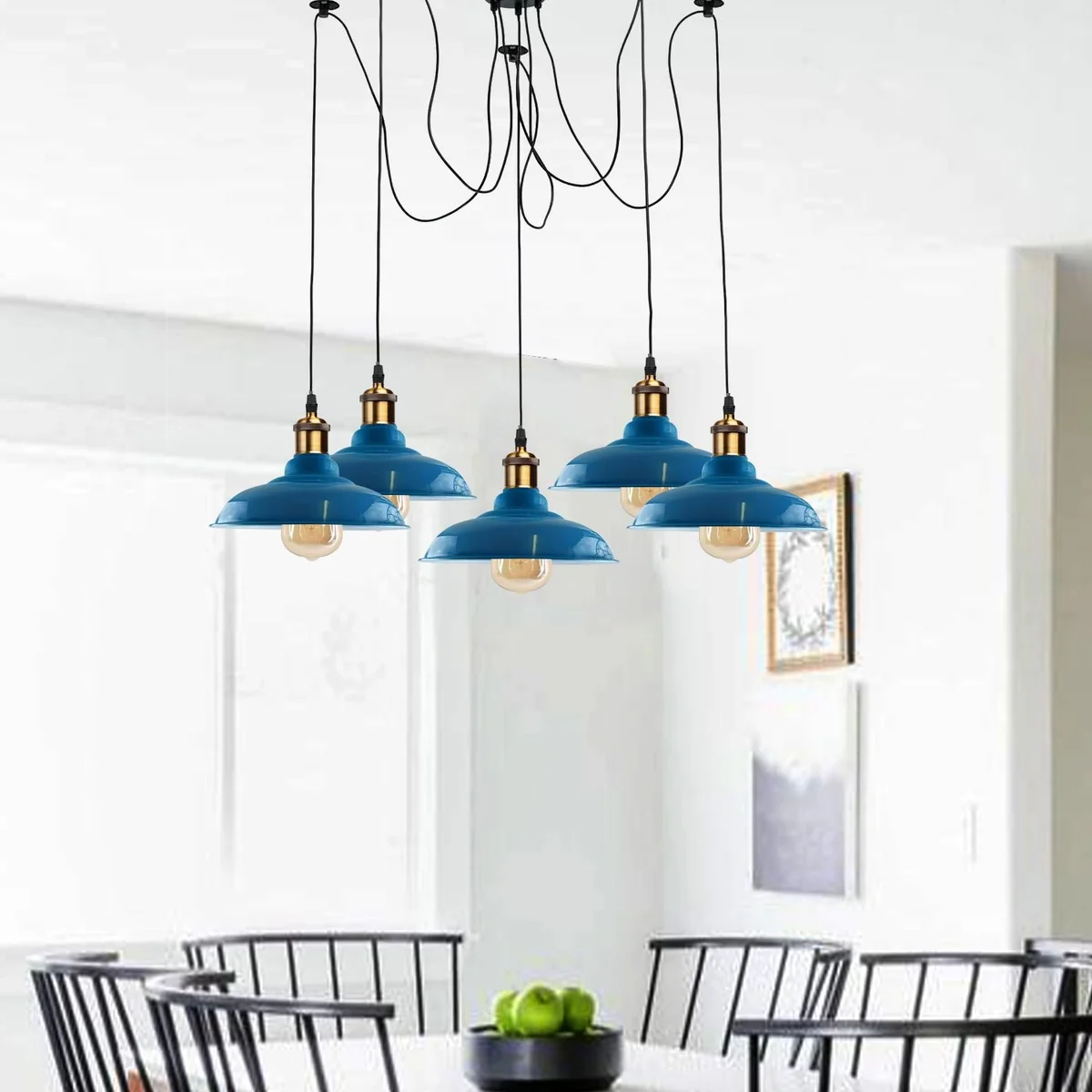 Five‑light metal industrial lamp with adjustable cables, glossy baking paint finish, hanging from ceiling