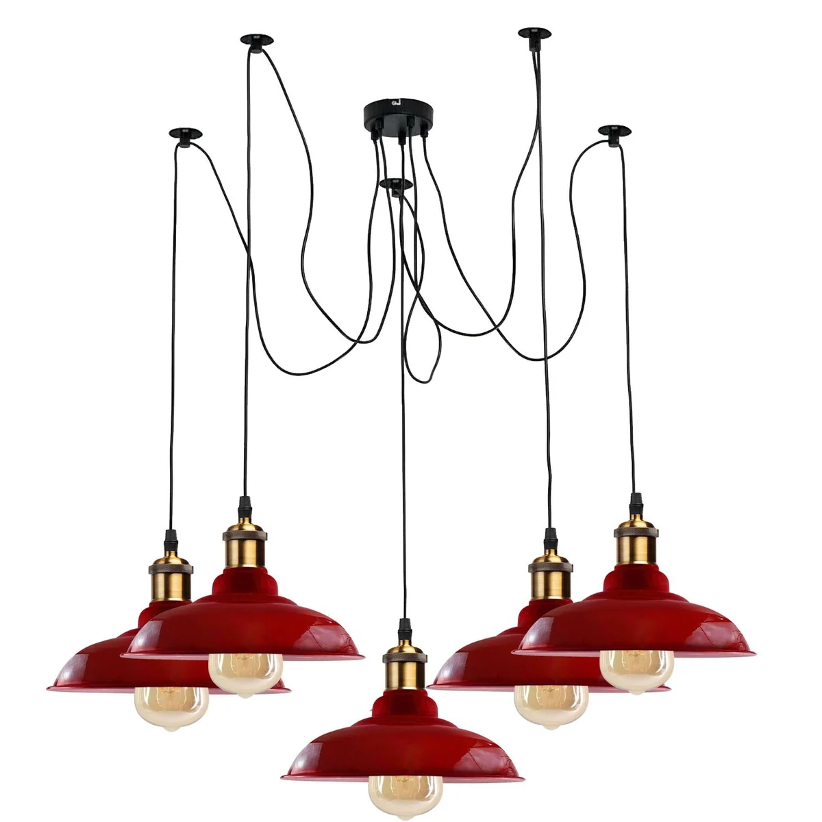 Industrial pendant light with five adjustable metal arms, glossy finish, 32cm shades, 2m cables, hanging from ceiling