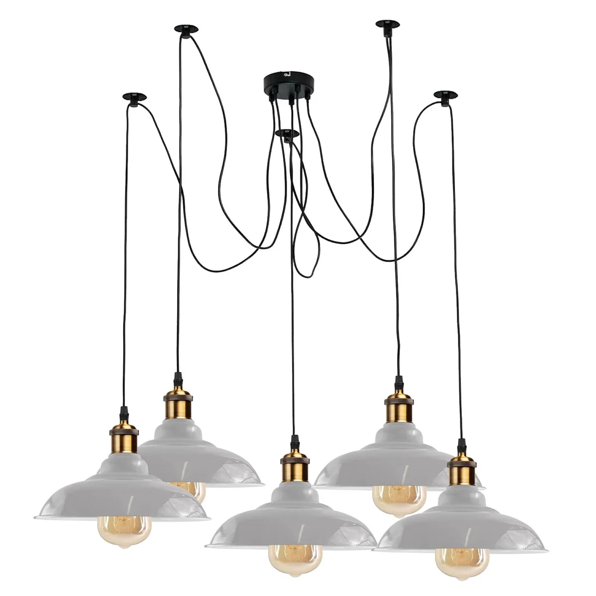 Five‑light industrial pendant light with adjustable metal arms, glossy finish, and E27 holders, hung from ceiling.