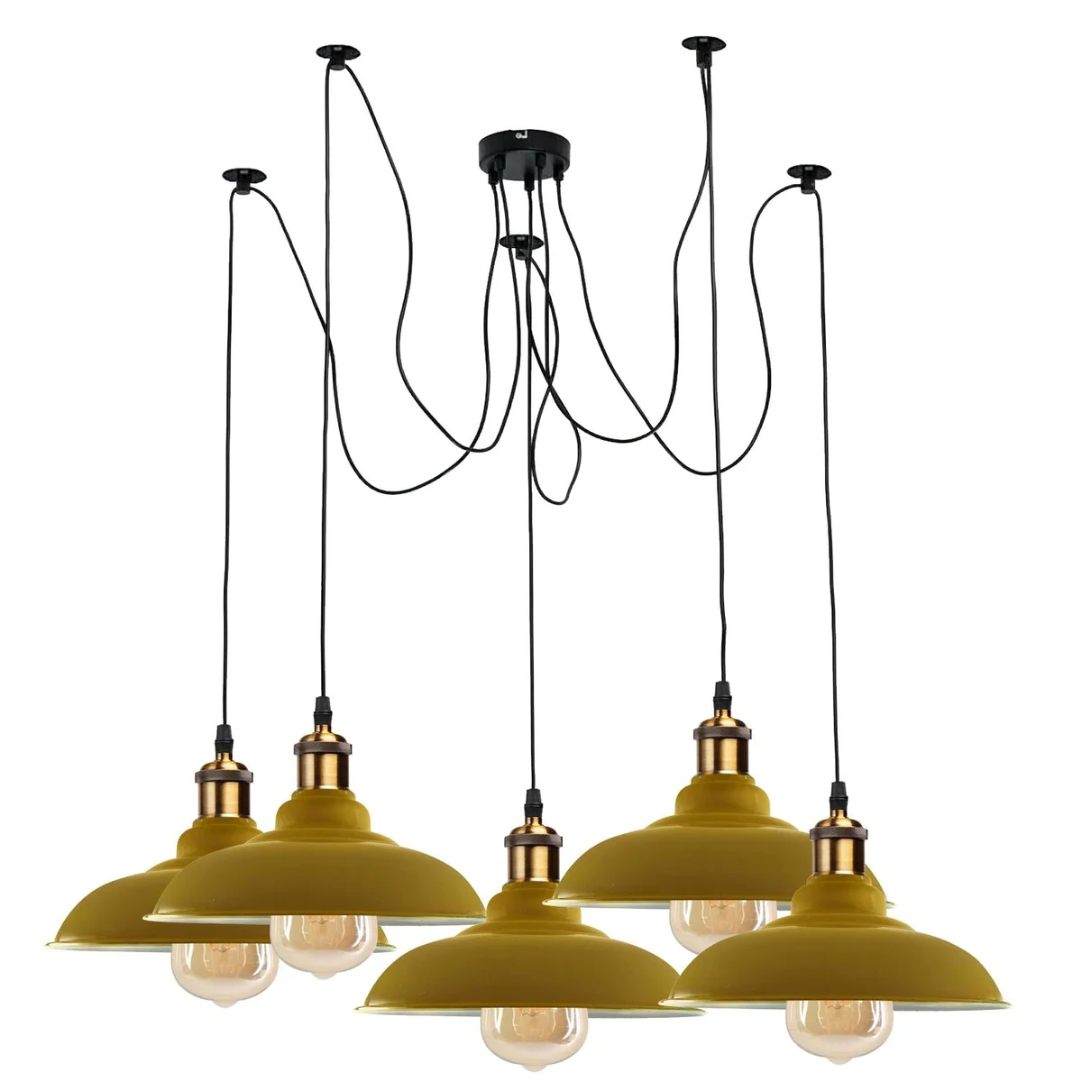 Five‑arm industrial pendant light with grey metal shades, E27 holders, suspended by 2‑m cables in a modern kitchen.