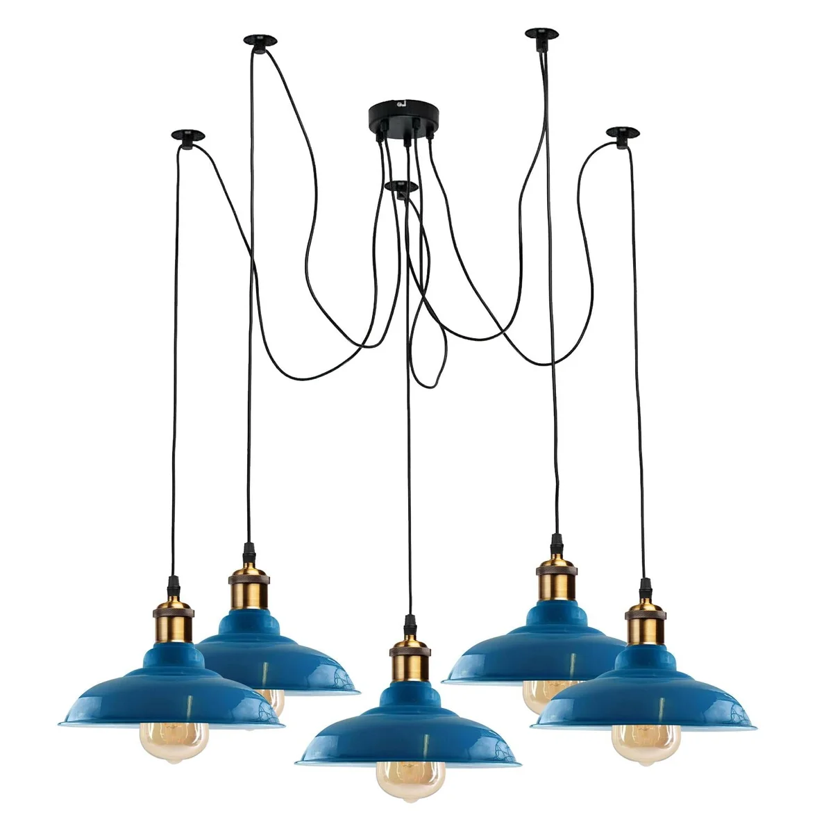 Five‑armed industrial pendant light with glossy metal shades, adjustable 2‑metre cables, black and blue finish.