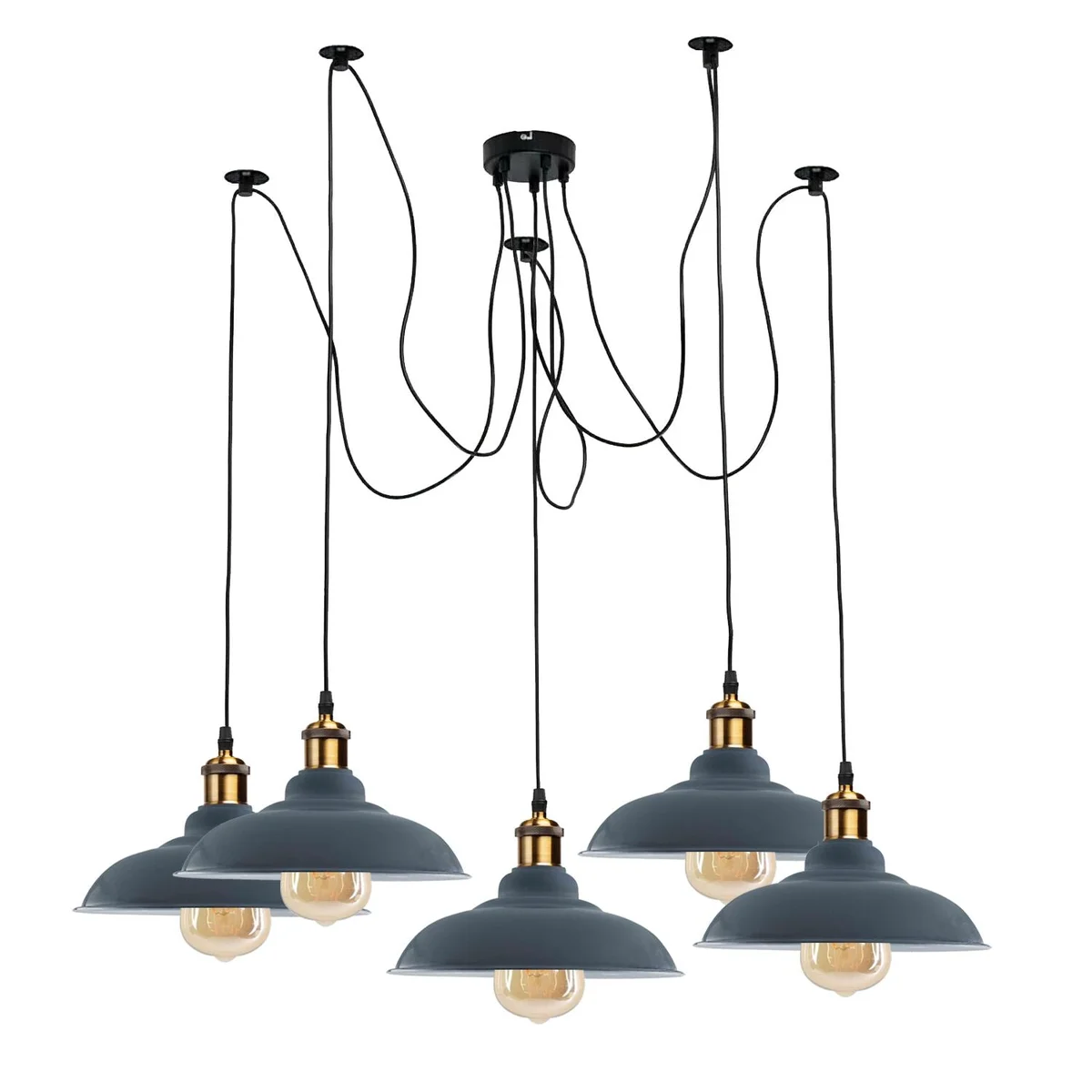 Industrial pendant light with five metal globes in glossy finish, adjustable cables for modern dining.