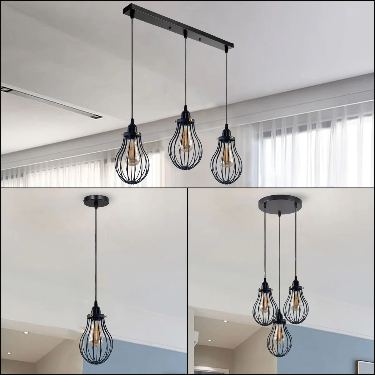 Black cage pendant light with three metal lamps and adjustable 95cm cable, modern industrial design.