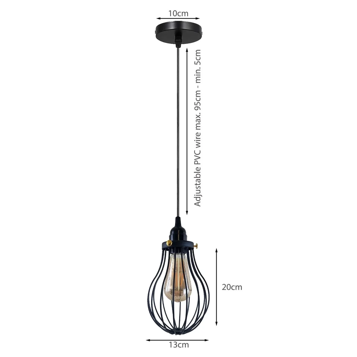 Black 3‑head industrial pendant light with cage design, metal frame, PVC cable, 95 cm adjustable cords, modern chic.