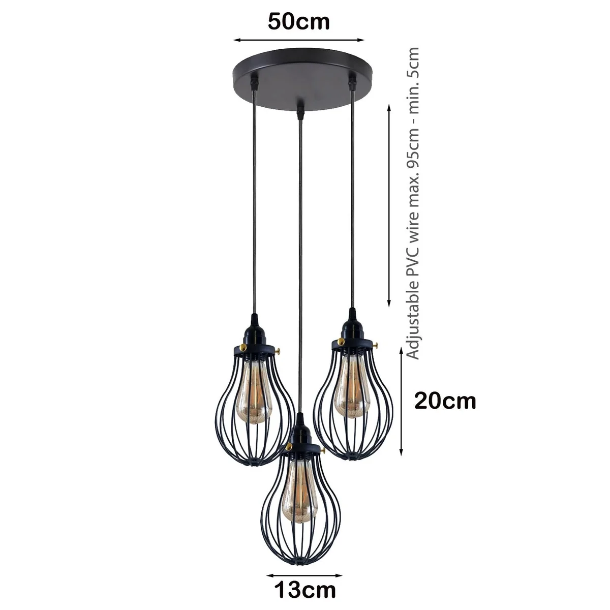 Three‑head black metal cage lamp with 95 cm adjustable cable, modern industrial pendant.