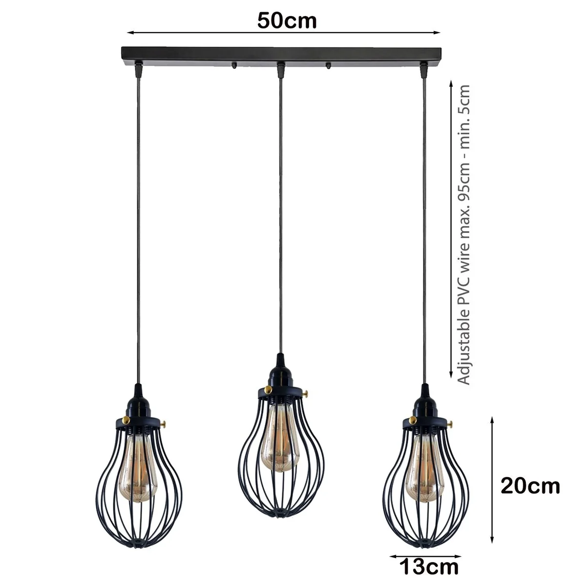 Black metal cage pendant with three heads and adjustable 95 cm cables, a modern kitchen lighting fixture.