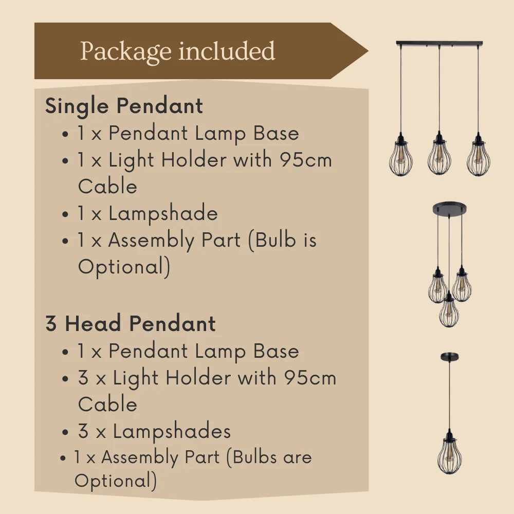 Black industrial 3‑head pendant light with cage design, adjustable 95cm wires, E27 bulb pendant