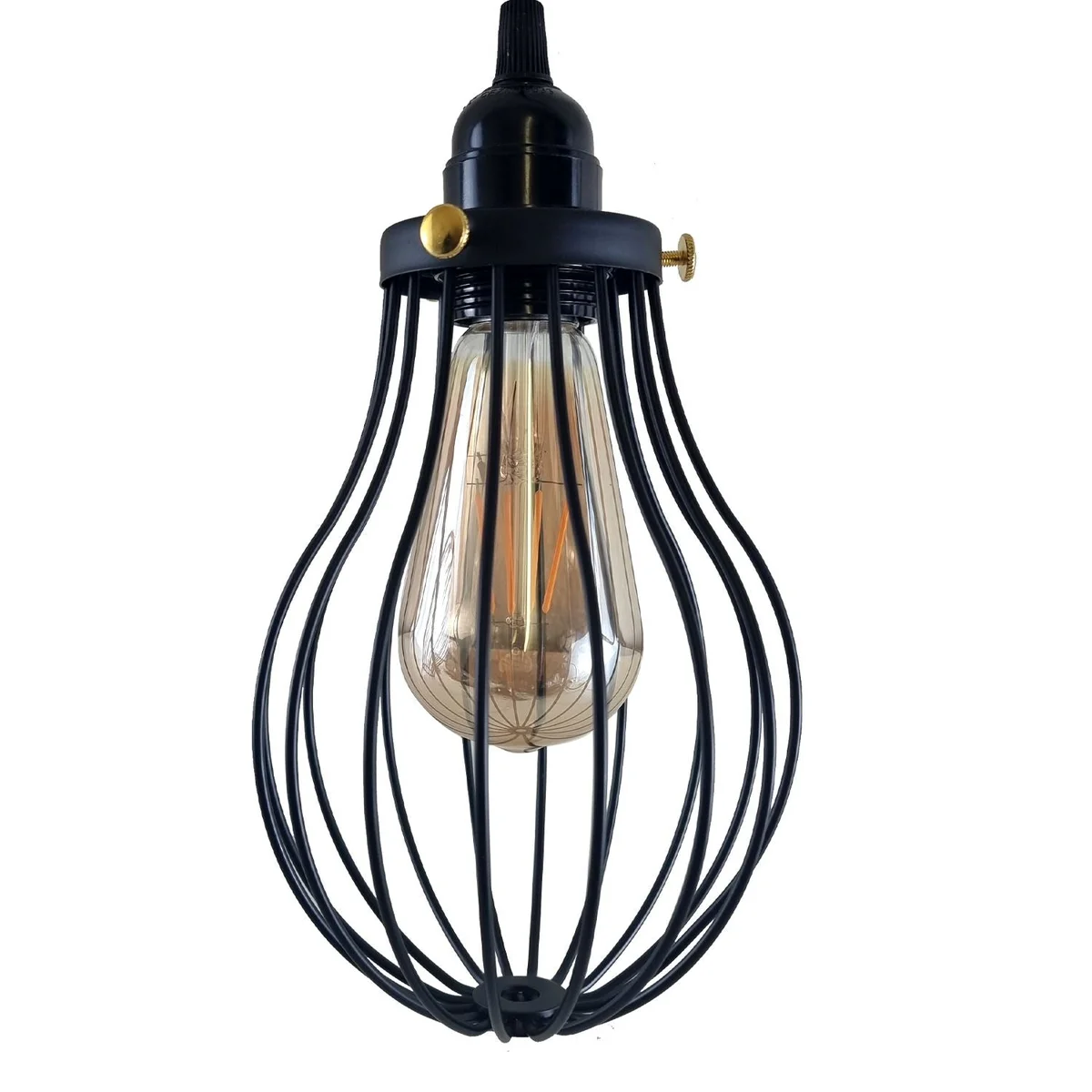 Black cage pendant light with three metal heads, adjustable 95cm cable, and black metal cage design.