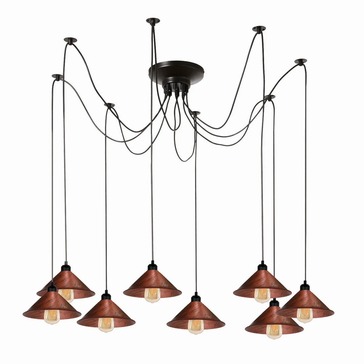 8‑arm industrial spider ceiling light with metal arms and rose shade, showing Edison-style bulbs in a rustic red finish