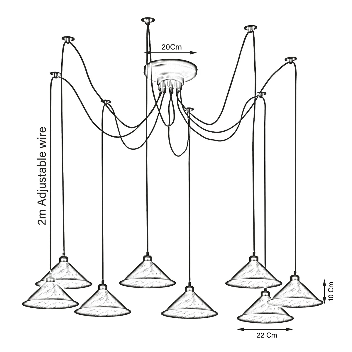 8 head spider light hanging, black metal arms each holding an Edison filament bulb, modern industrial chandelier