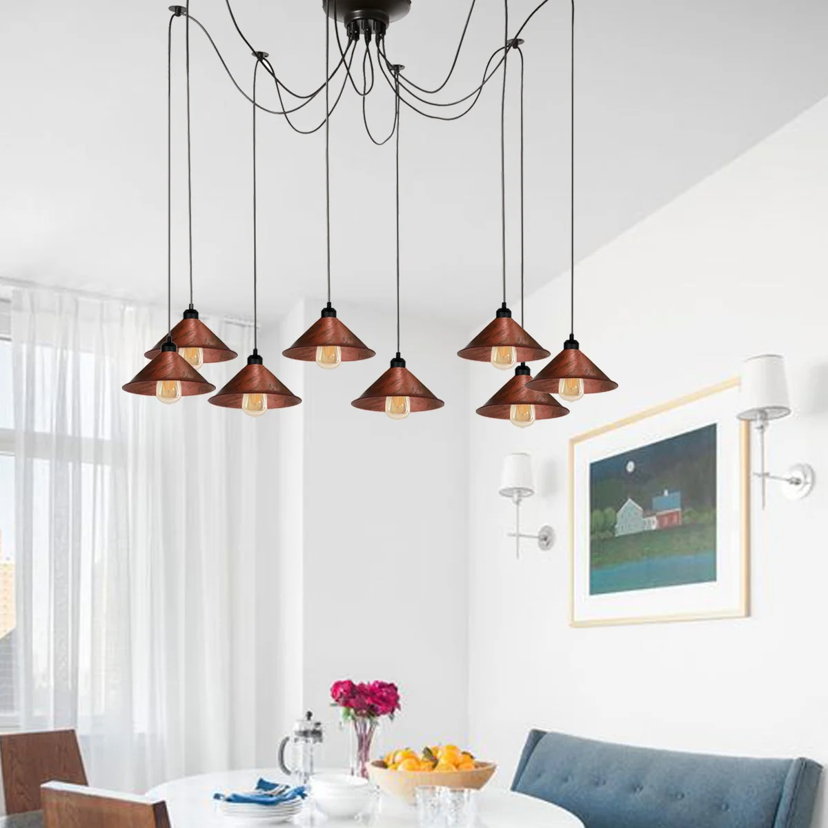 8‑arm adjustable pulley pendant with industrial metal frame, showcasing rustic styling and Edison‑style bulb arch.