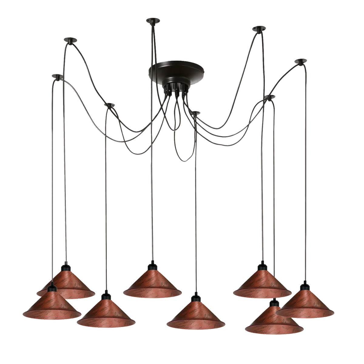 8‑armed metal industrial pendant with adjustable threads, showcasing Edison‑style bulbs in a transparent shade.