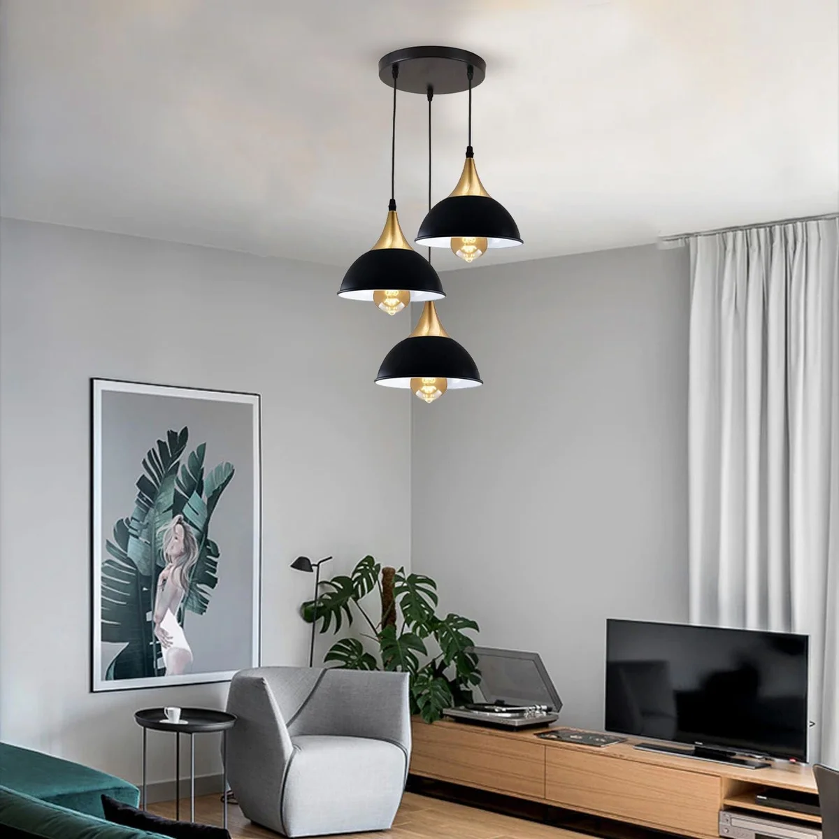 Black 3 head pendant light with metal dome shade, 3 lamps, PVC cable, modern industrial style