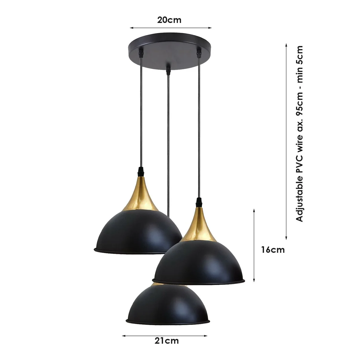 Black dome pendant light with three white-lit lamps, modern industrial design hanging from ceiling.