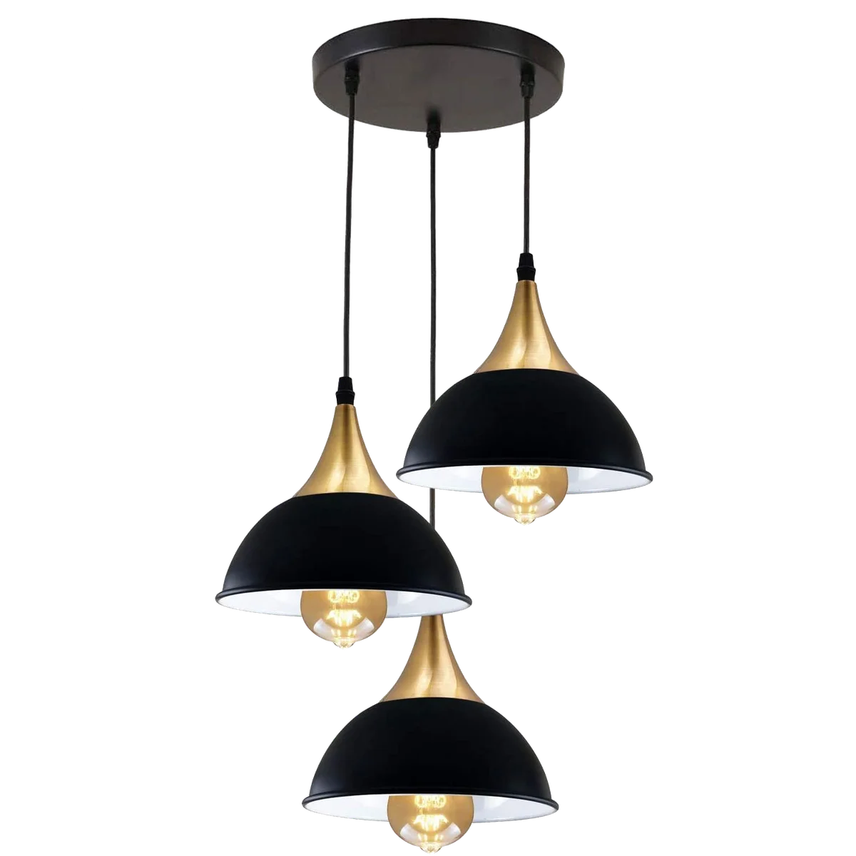 Black dome modern ceiling pendant with 3 heads and white interior shade, hanging from metal canopy