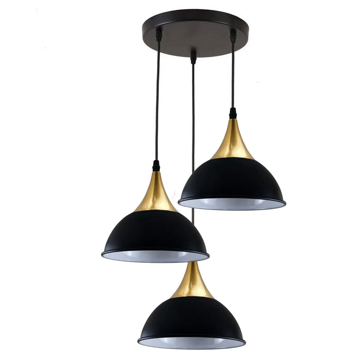 Modern black and yellow brass 3‑head pendant light with white dome, E27 pendant lighting, PVC cable, metal shade