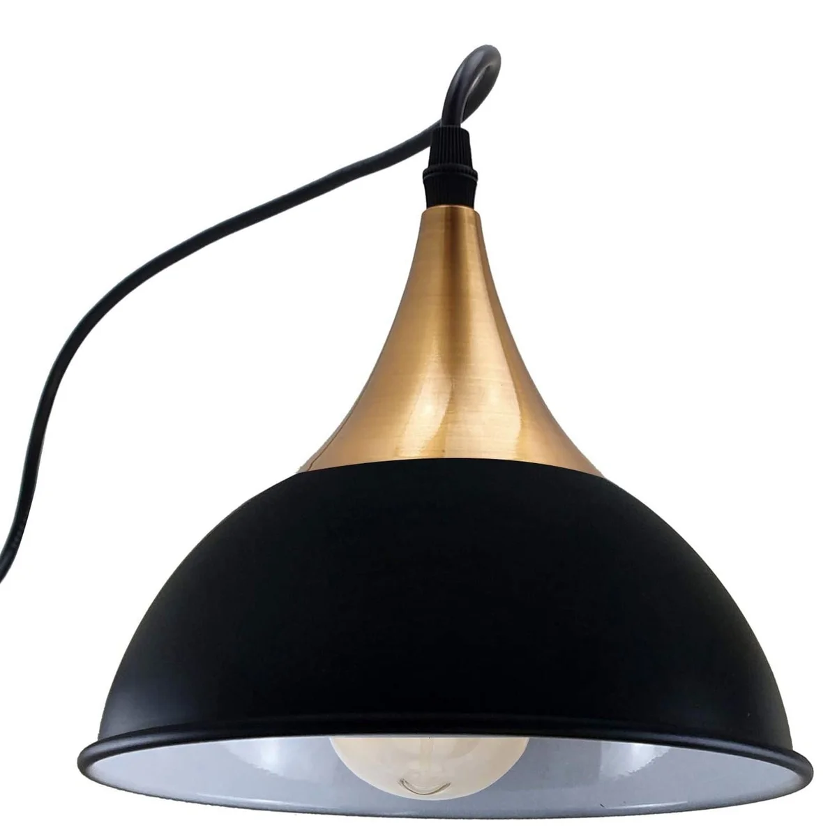 Industrial style pendant with black dome shade, white interior, metal cords, three E27 light holders hanging from ceiling.
