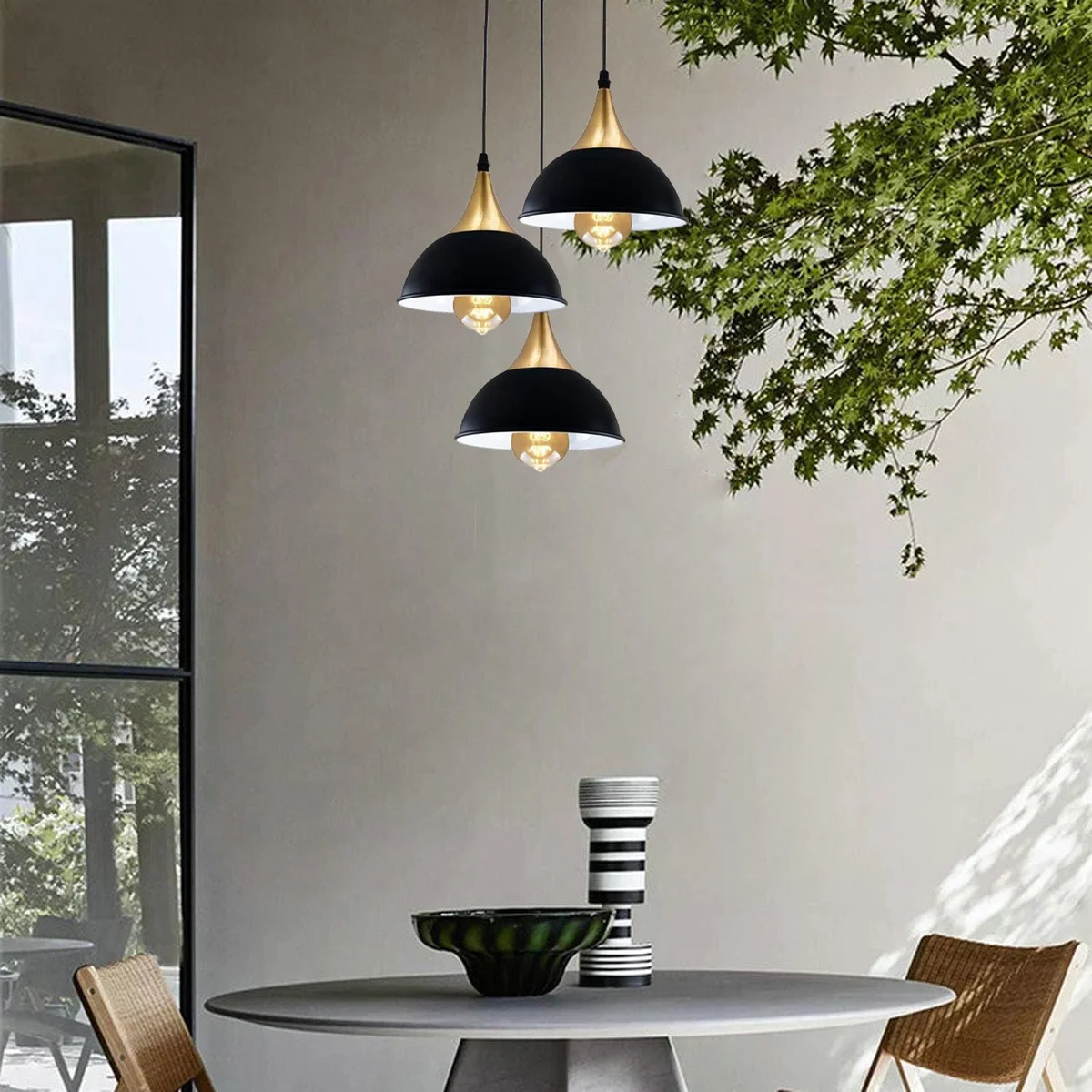 Black dome 3‑head cord pendant light with white interior hood, modern industrial style, metal shade and attached 95 cm cable.