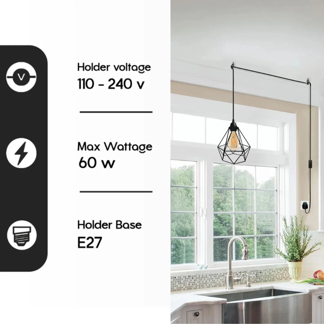 Vintage fabric-covered E27 bulb holder lamp, 4 m flexible cable, UK plug, metal cage, dimmer switch, black