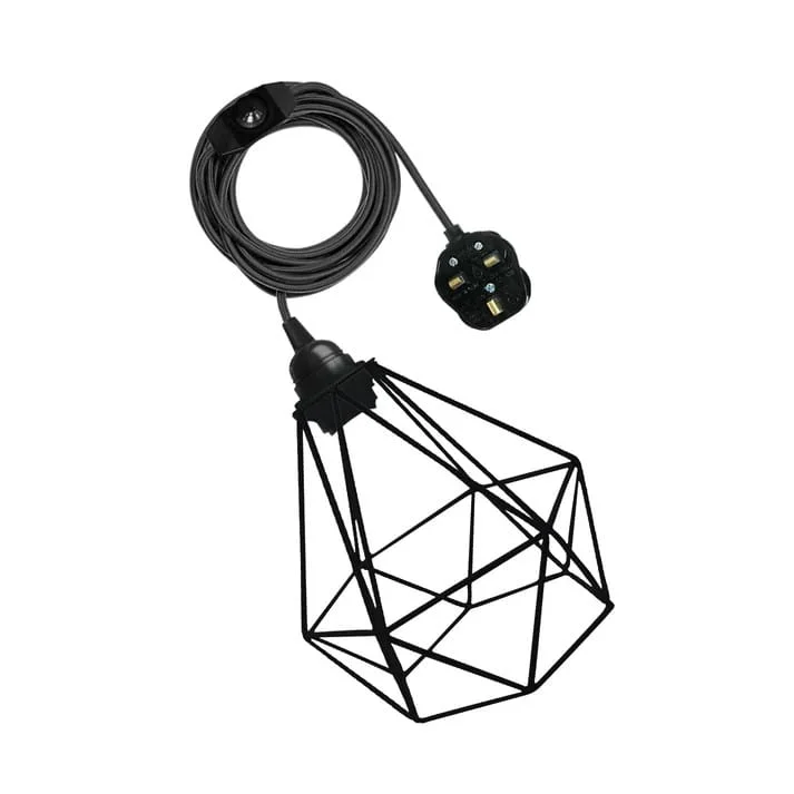 Fabric-covered pendant light with dimmer switch, 4m flexible cable, black and silver finish.