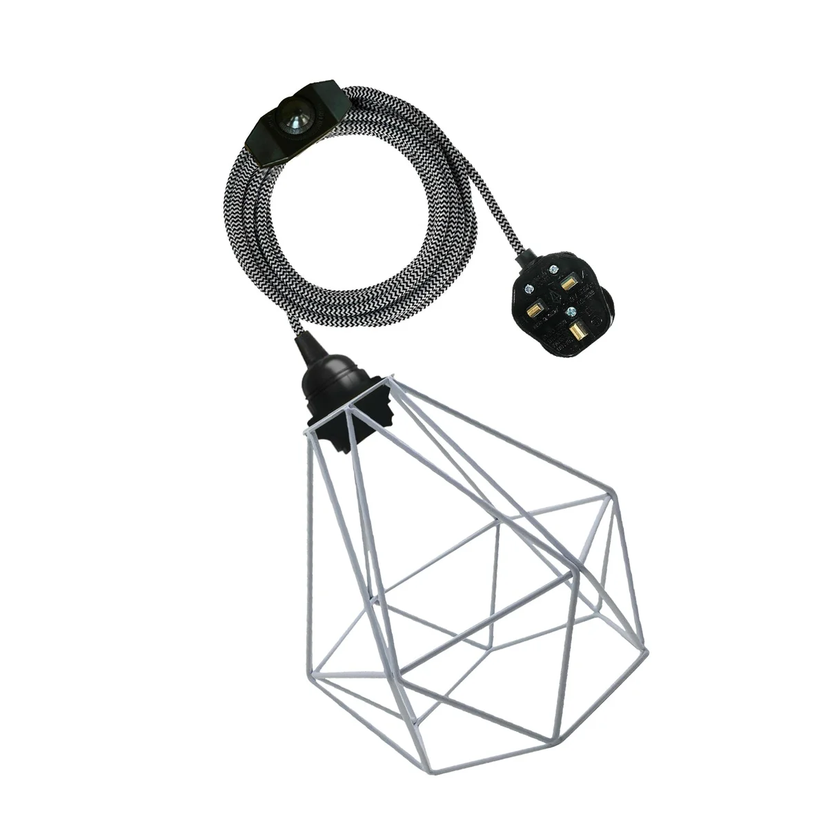 Fabric flex pendant lamp with blue fabric cable, metal cage, E27 screw base, 4m length, UK plug.