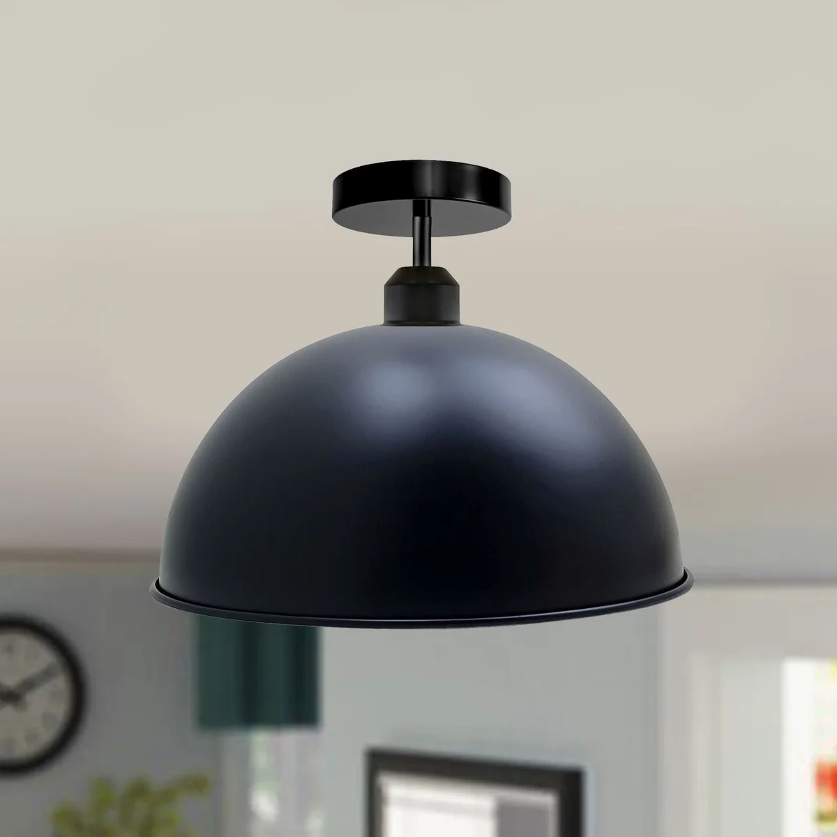 Vintage dome ceiling light with glossy metal base and retro shade, offered in black and multiple colours
