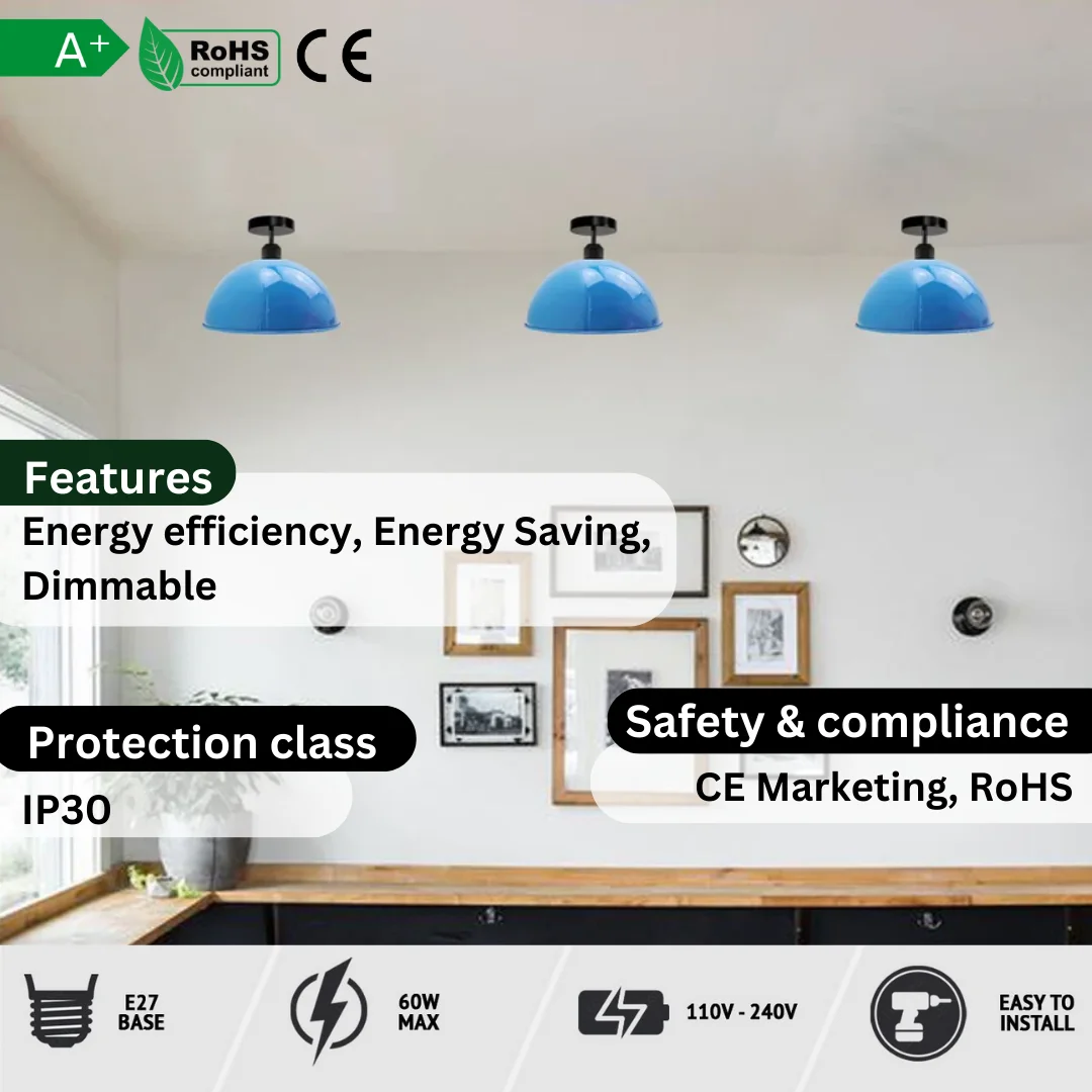 Metal dome shade light, vintage style semi-flush ceiling lamp in glossy black metal, 30cm diameter.