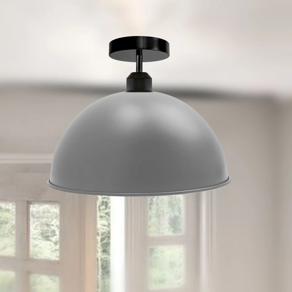 E27 ceiling light fixture with vintage dome shade in black, glossy metal design, semi-flush mount, 30cm diameter, 17cm height