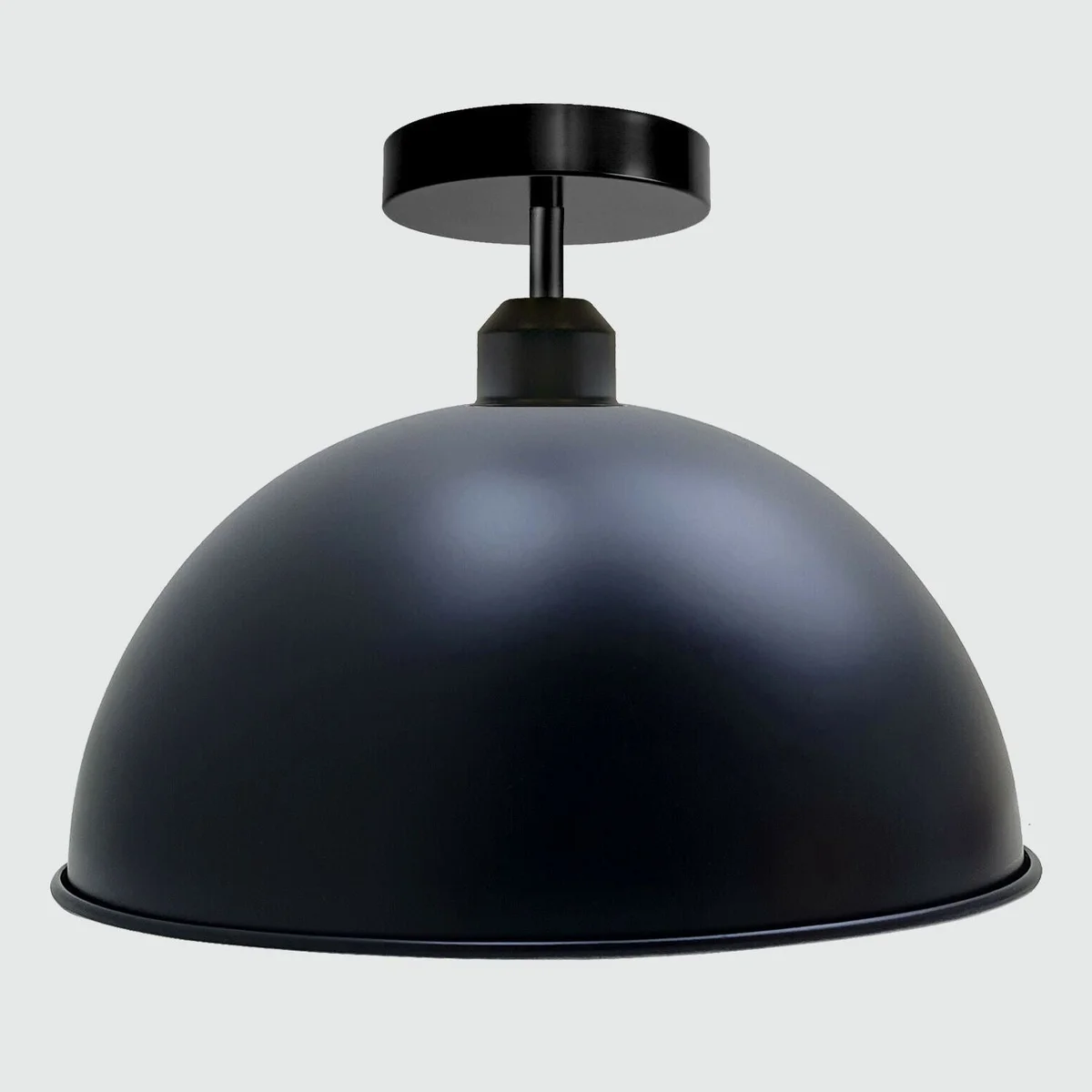 Retro vintage ceiling lamp with glossy metal dome, E27 base, black shade, semi flush mount, stylish industrial look.