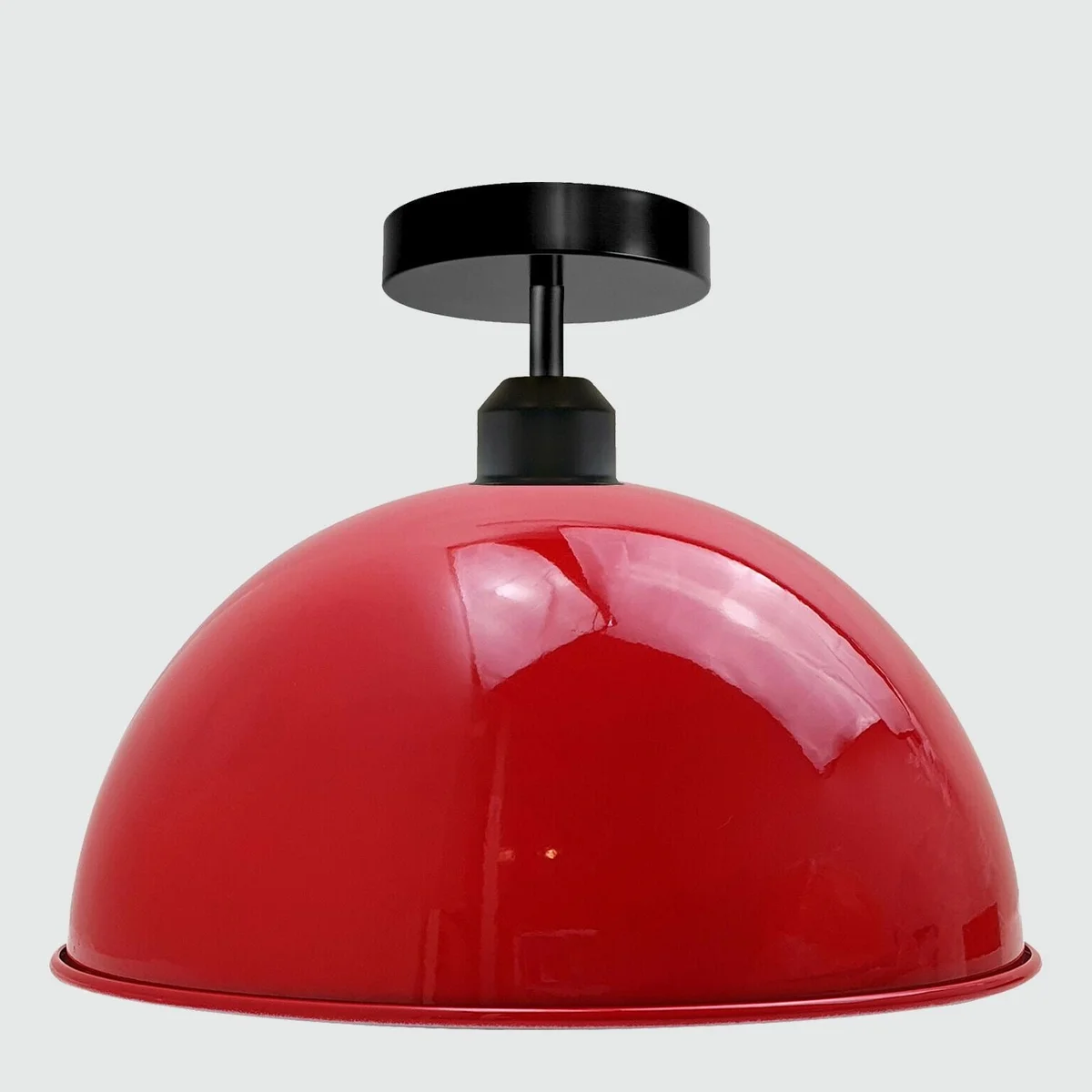 Glossy metal ceiling light with dome shade, black finish, 30cm diameter, 17cm height, semi flush mount, warm ambience.