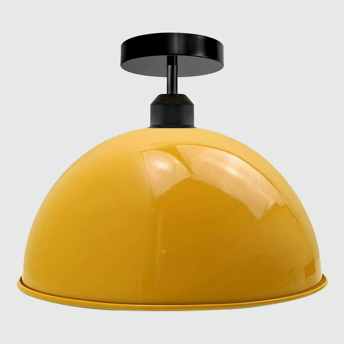 Vintage dome ceiling light with glossy metal shade, black finish, semi‑flush mount base, ready for E27 bulb installation.